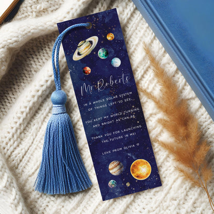 Personalised Bookmark Teacher Gifts Male, Navy Blue Planets Design