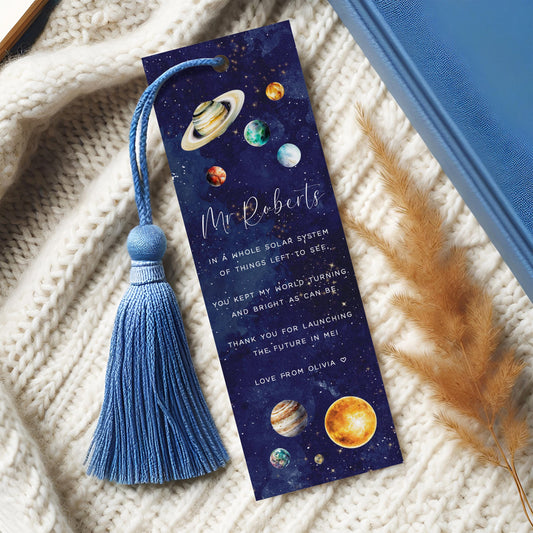 Personalised Bookmark Teacher Gifts Male, Navy Blue Planets Design