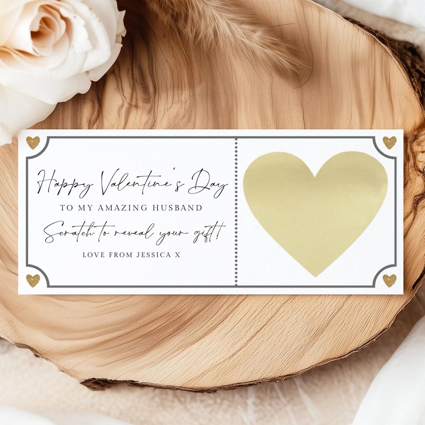 personalised gold scratch off heart valentines voucher for him smooth matte white cardstock kraft brown envelope