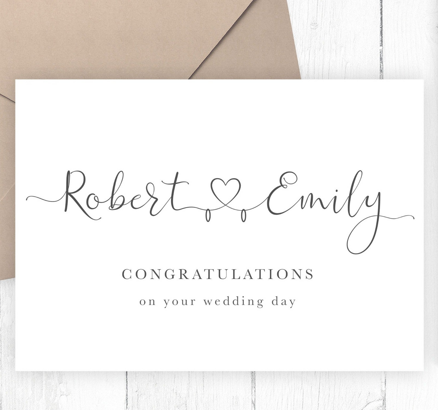 black and white heart names couple wedding card personalised matte smooth white cardstock kraft brown envelope