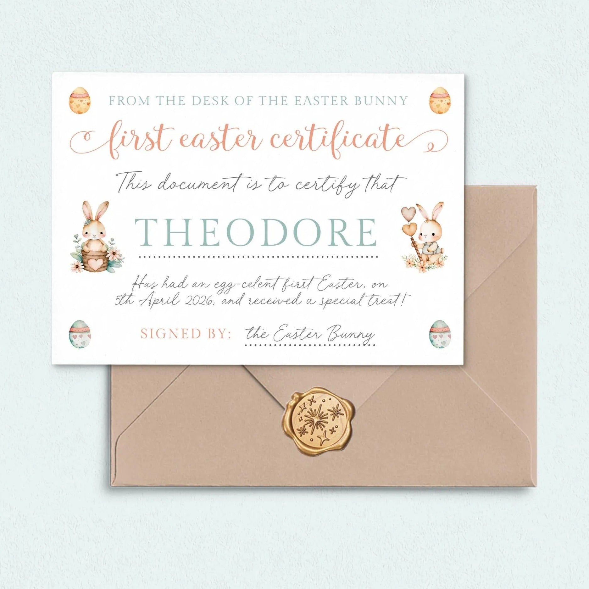 personalised first easter certificate for kids smooth matte white paper kraft brown envelope gold wax seal