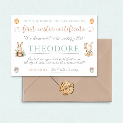personalised first easter certificate for kids smooth matte white paper kraft brown envelope gold wax seal