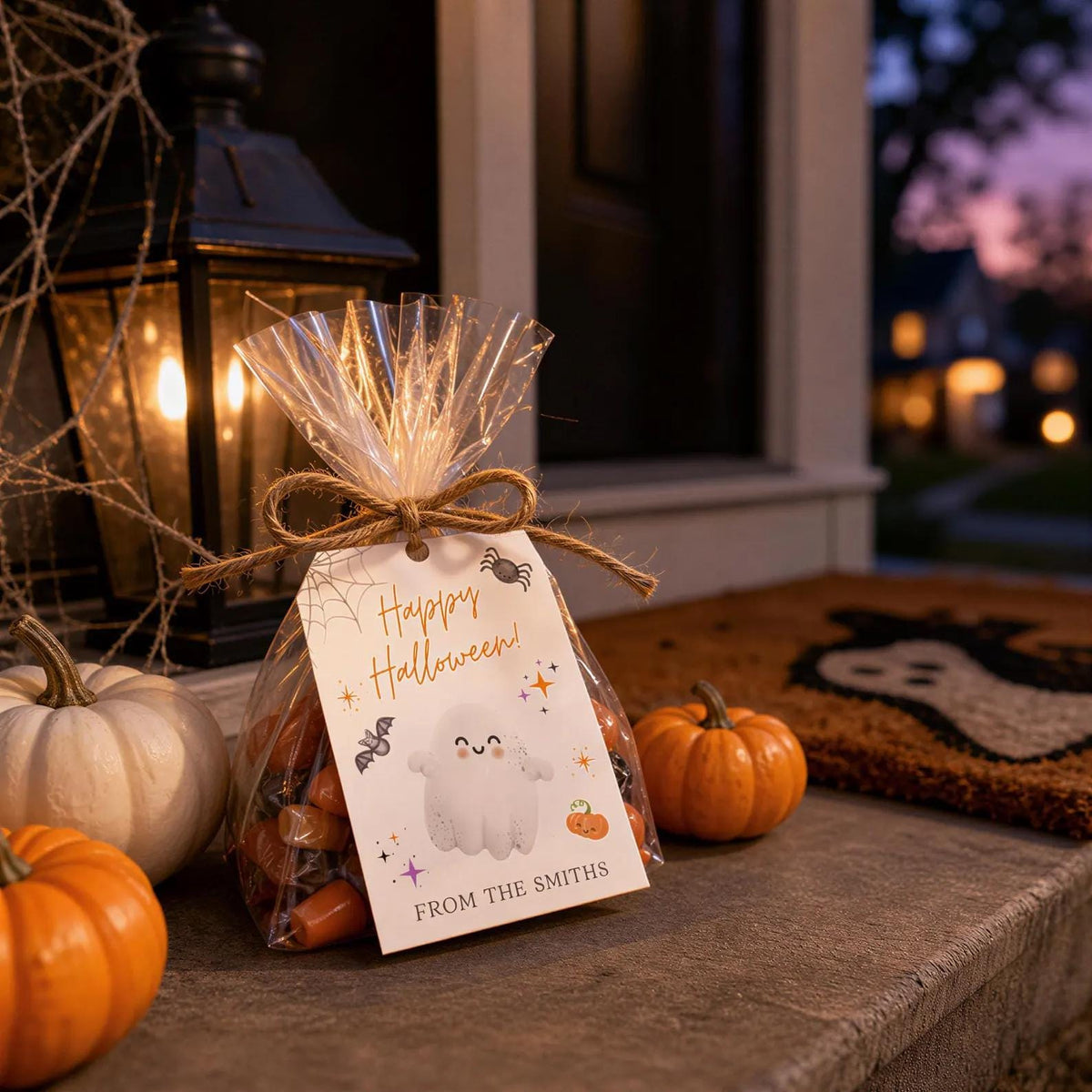 A Halloween-themed gift bag with a small white ghost and a small white dog, placed on a wooden surface next to a lantern and some pumpkins.