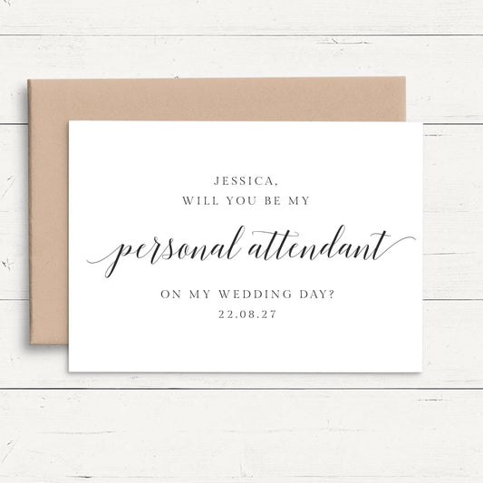 a wedding invitation card with a personal attendant request.