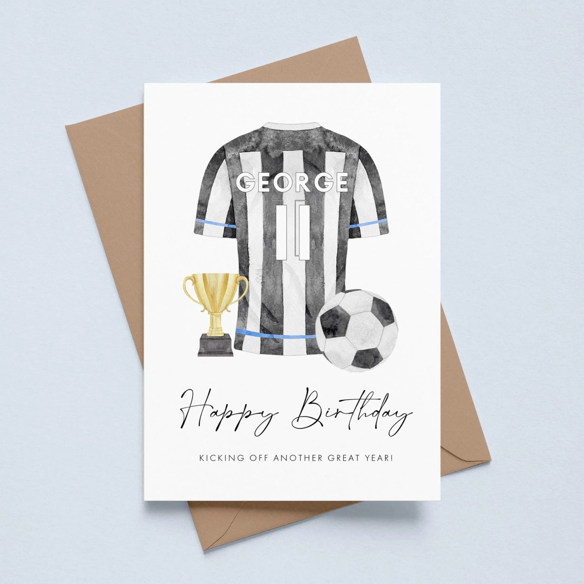 personalised black and white newcastle football shirt birthday card 11 year old boy smooth matte white cardstock kraft brown envelope