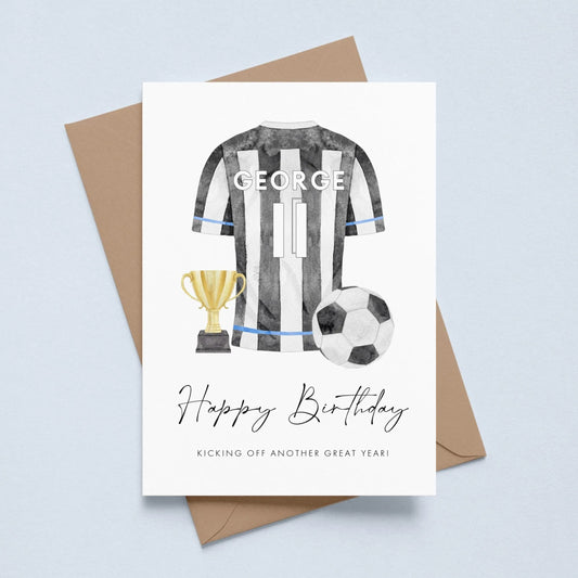 personalised black and white newcastle football shirt birthday card 11 year old boy smooth matte white cardstock kraft brown envelope
