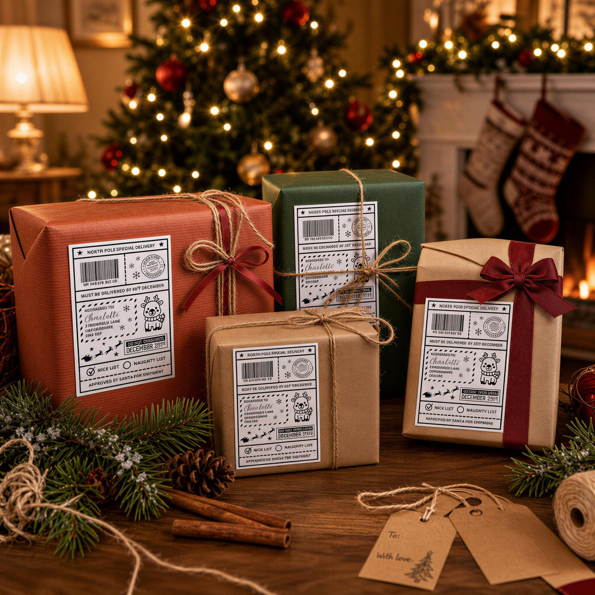 a festive Christmas scene with a decorated Christmas tree, wrapped gifts, and holiday decorations.