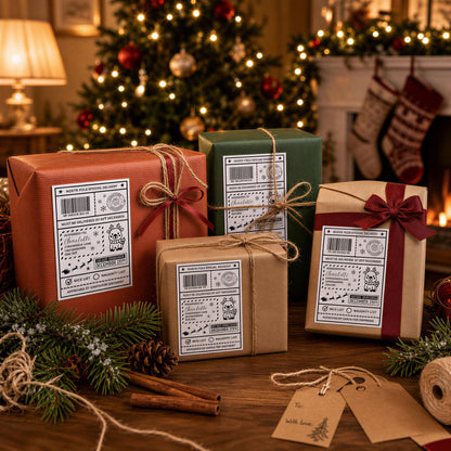a festive Christmas scene with a decorated Christmas tree, wrapped gifts, and holiday decorations.
