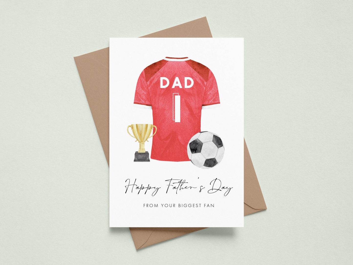Personalised Father's Day Card Football Theme, Red & White Shirt Design