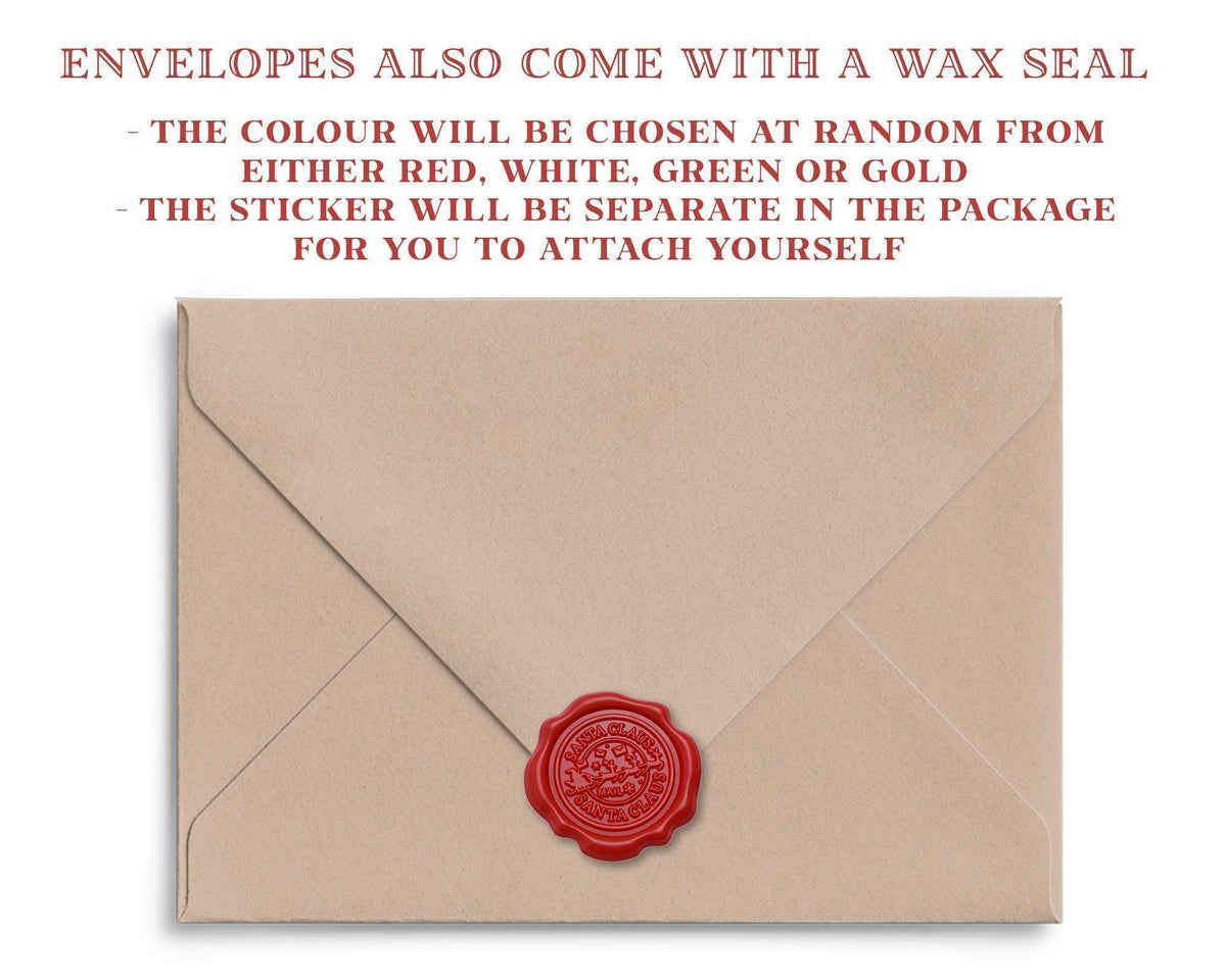an envelope with a wax seal, and the text above the envelope provides information about the contents, including the color and the sticker.