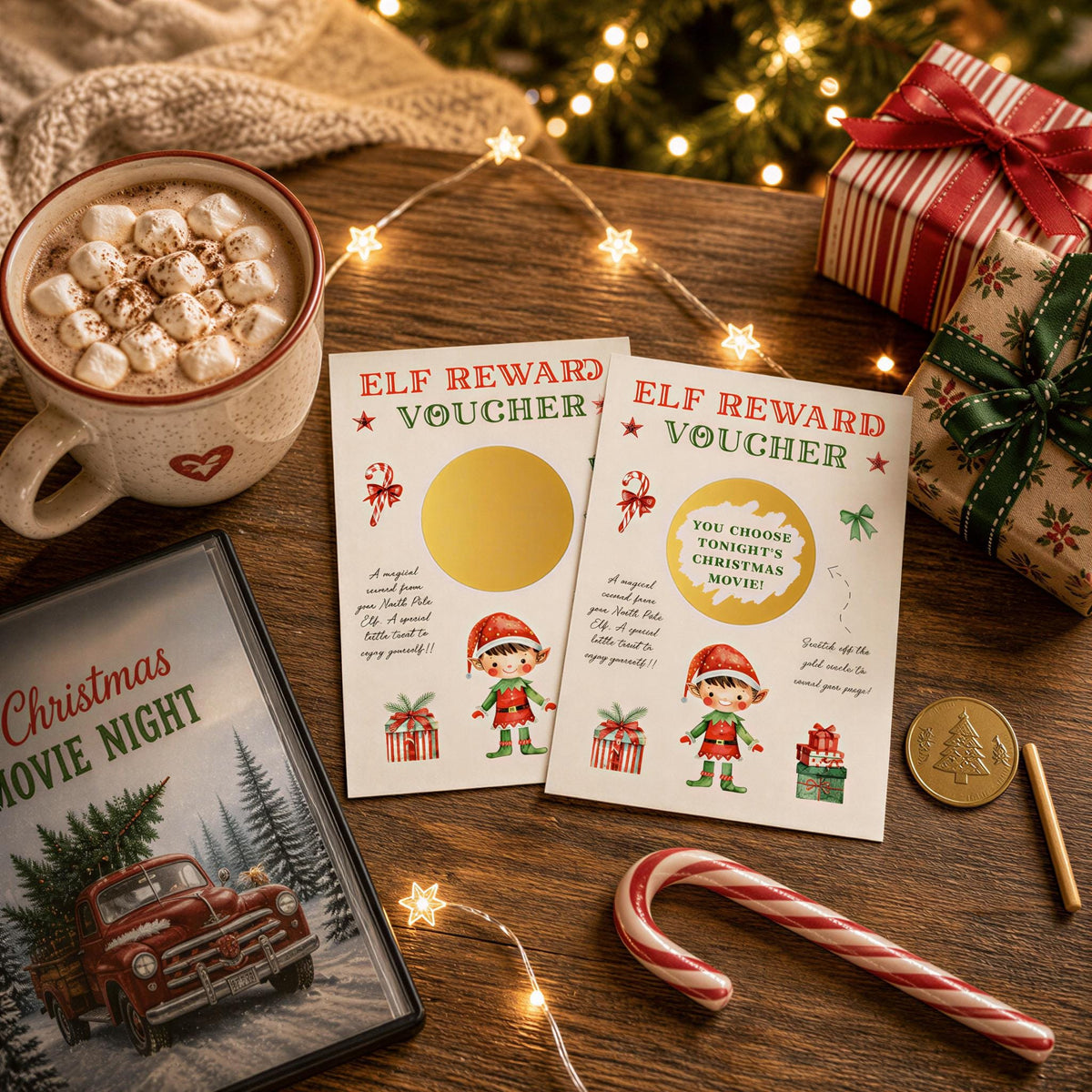 a cozy Christmas scene with a mug of hot chocolate, a DVD titled "Christmas Movie Night", a pair of elf reward cards, a gift box, a candy cane, and a book.