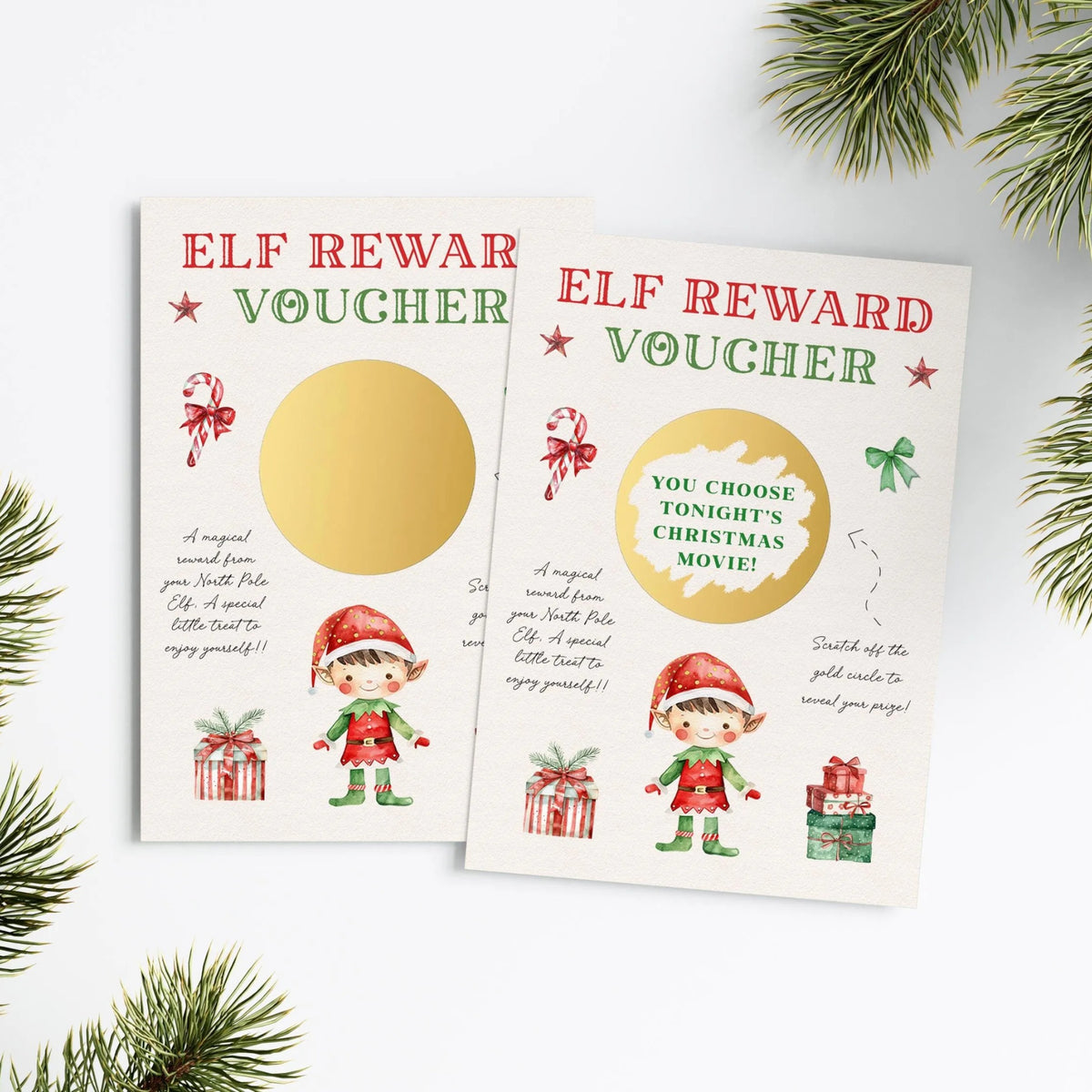two Christmas-themed reward cards with illustrations of Santa Claus and presents, placed on a white background with pine branches in the foreground.