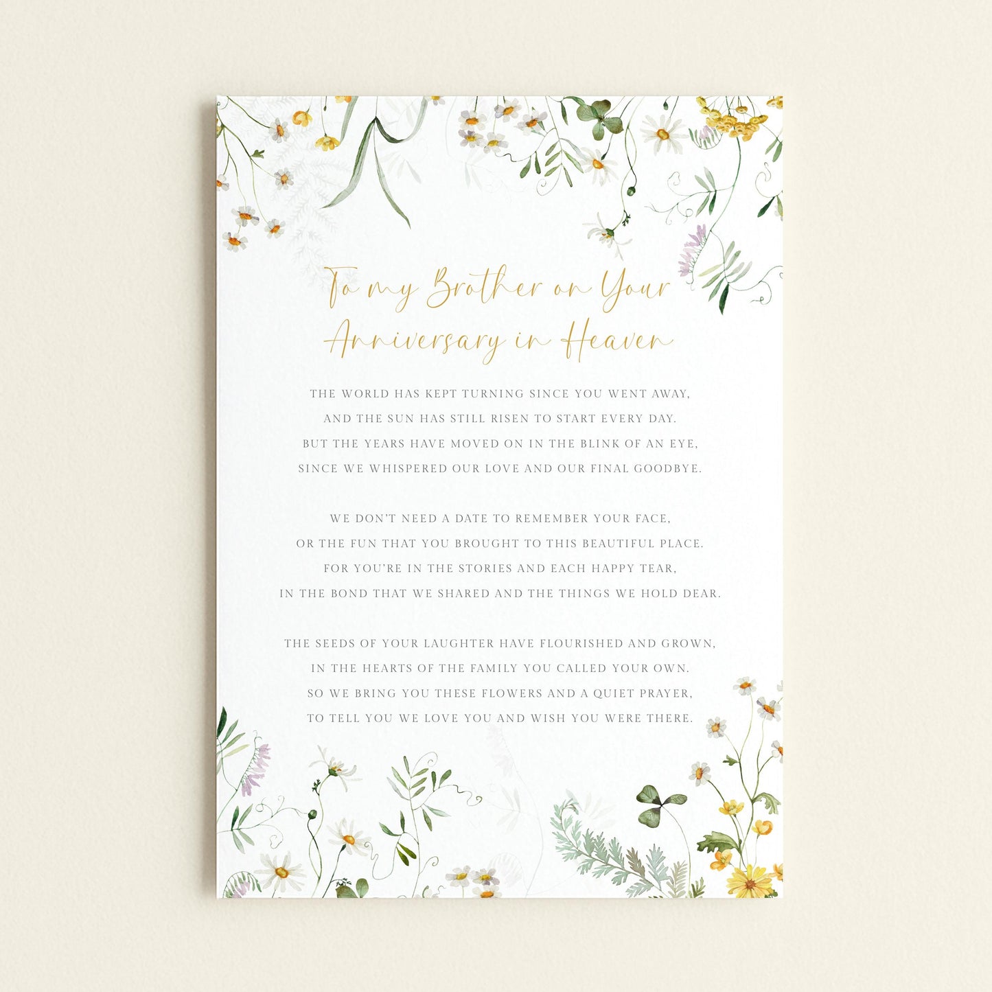 Personalised Brother in Heaven Anniversary Grave Card, Yellow Floral Design