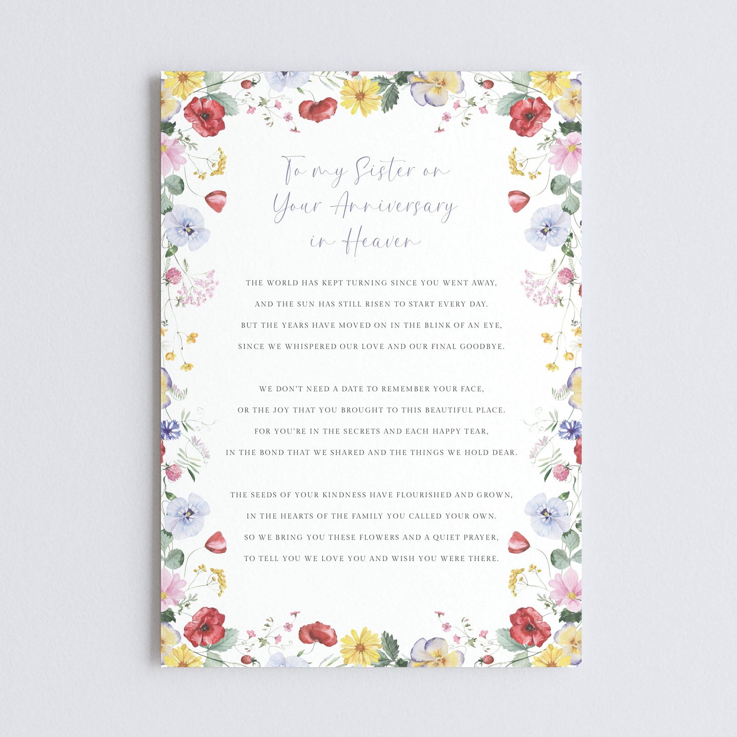 Personalised Sister in Heaven Anniversary Grave Card, Wildflowers Design
