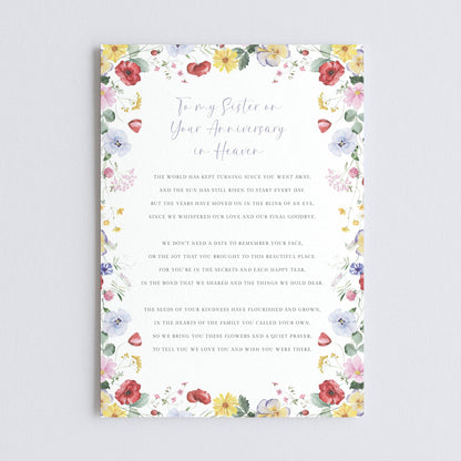 Personalised Sister in Heaven Anniversary Grave Card, Wildflowers Design