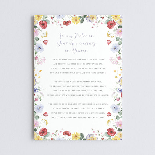 Personalised Sister in Heaven Anniversary Grave Card, Wildflowers Design