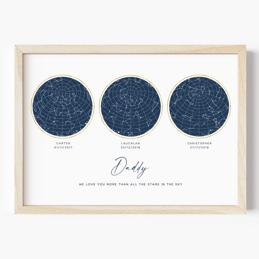 three framed maps of the stars of the night sky