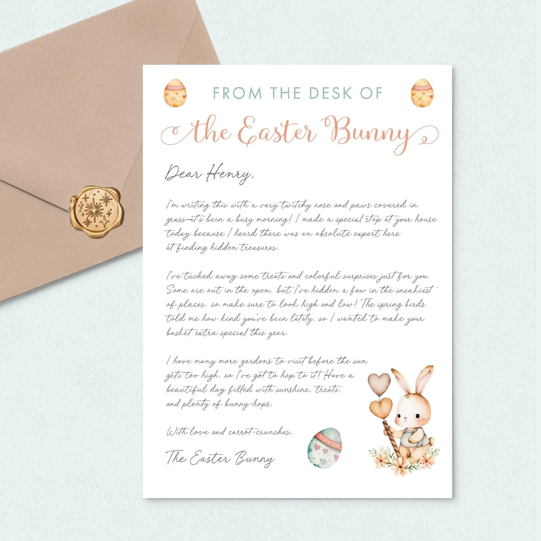 personalised first easter letter from the easter bunny for kids smooth matte white paper kraft brown envelope gold wax seal
