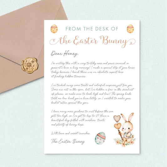 personalised first easter letter from the easter bunny for kids smooth matte white paper kraft brown envelope gold wax seal