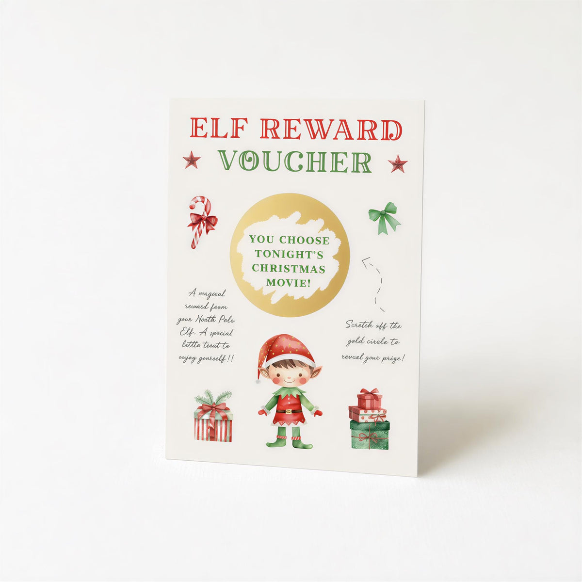 The image is a Christmas-themed reward voucher for an elf movie.