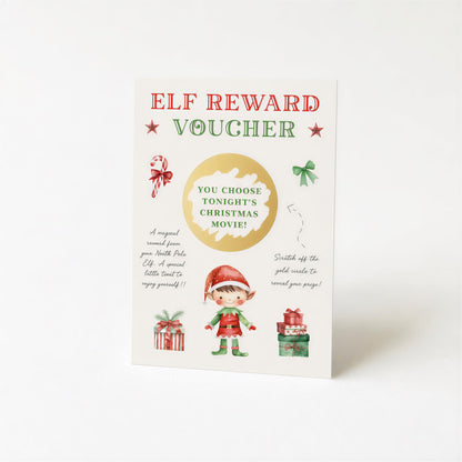 The image is a Christmas-themed reward voucher for an elf movie.