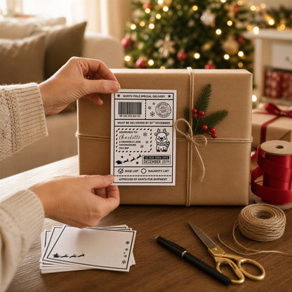 A person's hands are holding a wrapped gift box with a Christmas tree in the background.