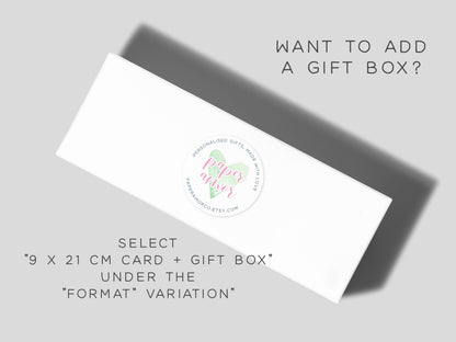 The image is an advertisement for a gift box service, featuring a white rectangular box with a label that reads "Paper Love" and "Select 9 x 21 cm Card + Gift Box Under The 'Format' Variation".
