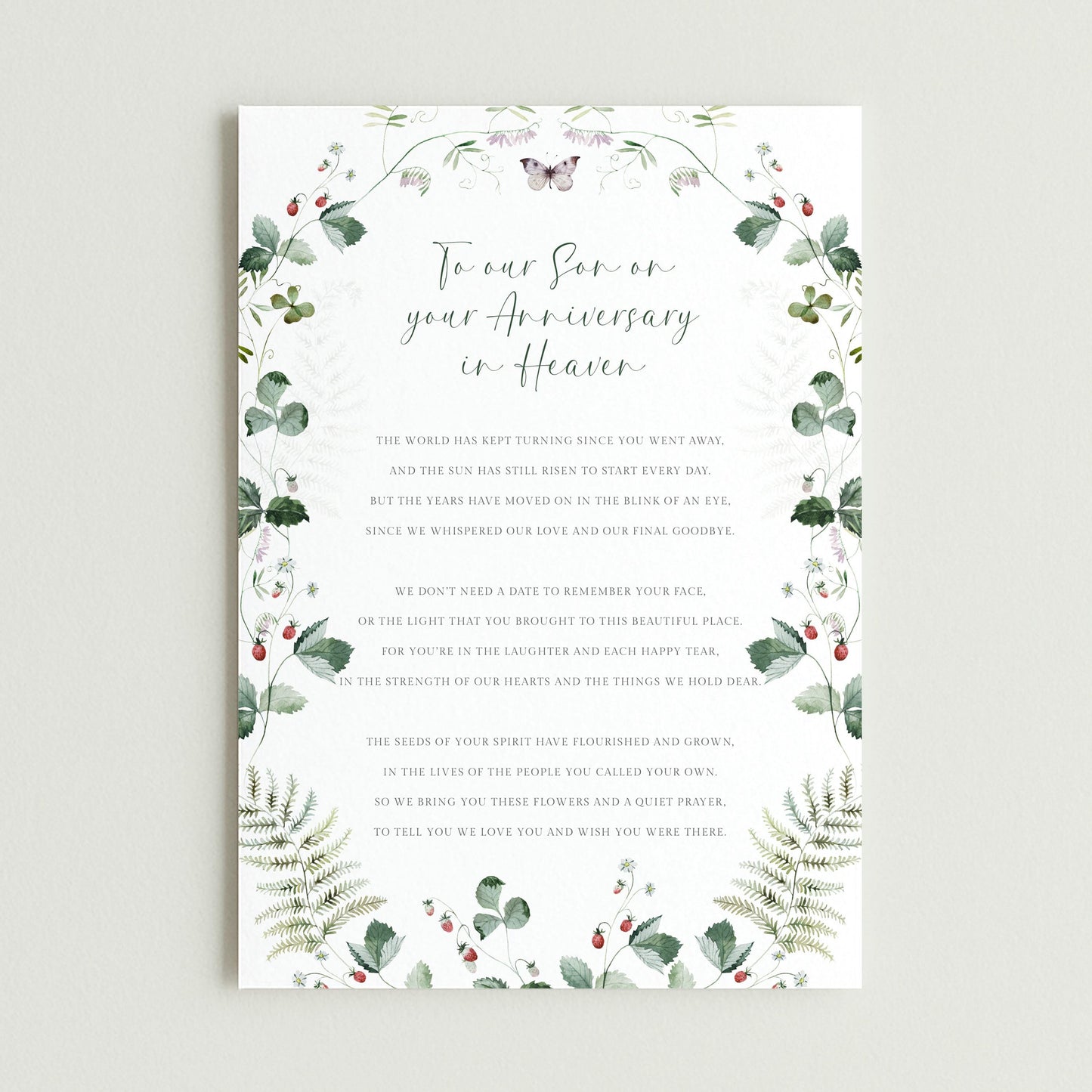 Personalised Anniversary in Heaven Son Graveside Card, Green Leaves Design