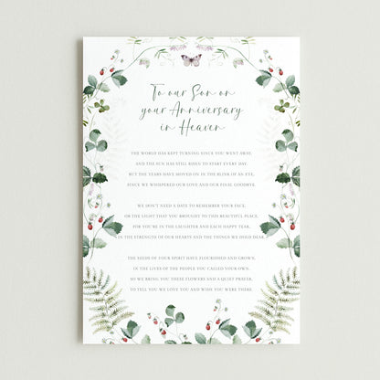 Personalised Anniversary in Heaven Son Graveside Card, Green Leaves Design