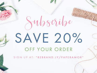 The image is a promotional graphic for a floral design company, featuring a pink flower, a white background, and text that encourages viewers to "Subscribe SAVE 20% OFF YOUR ORDER" and "Sign up at: 'REBAND.LY/PAPERAMOR'".