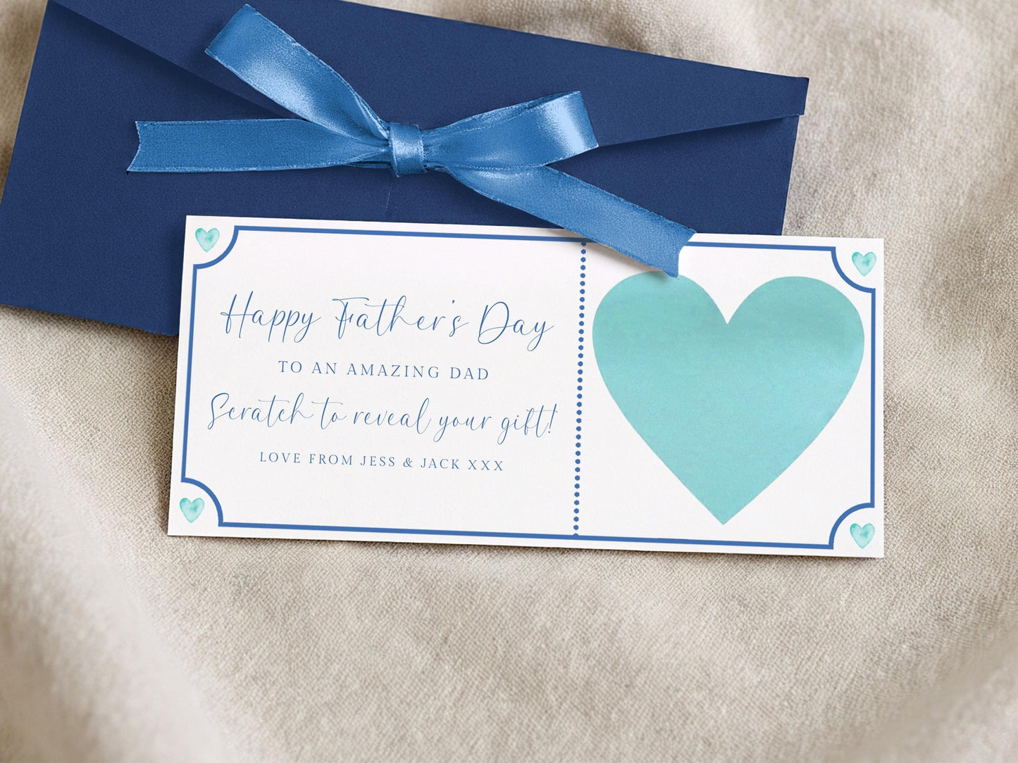Personalised Happy Fathers Day Scratch Off Card, With Blue Ribbon Envelope