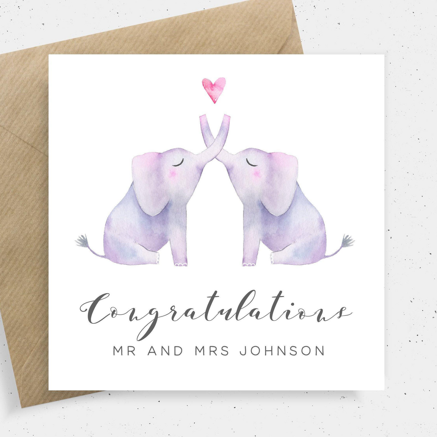 personalised elephant wedding card smooth matte white cardstock kraft brown envelope