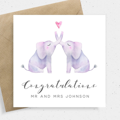 personalised elephant wedding card smooth matte white cardstock kraft brown envelope