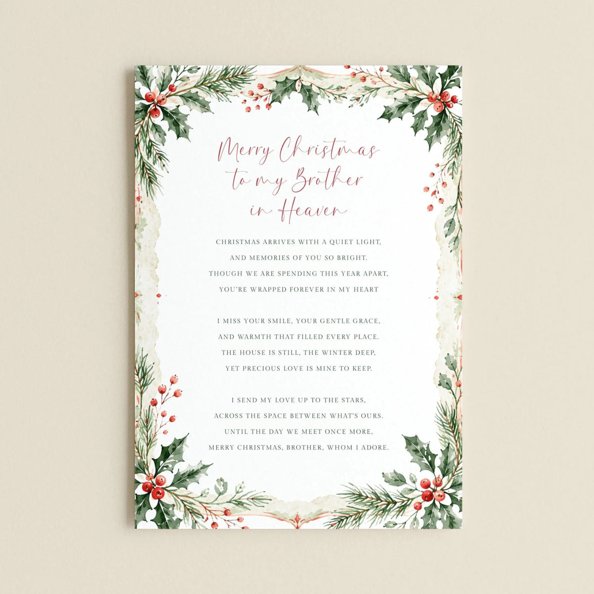 The image is a Christmas card with a floral border and a heartfelt message for a brother in heaven.