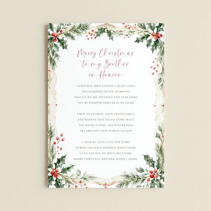 The image is a Christmas card with a floral border and a heartfelt message for a brother in heaven.