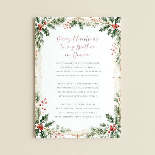 The image is a Christmas card with a floral border and a heartfelt message for a brother in heaven.