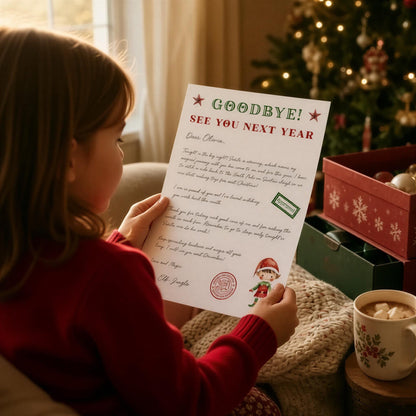 A young girl in a red sweater is sitting on a couch, reading a " Goodbye!" letter from her grandmother, which includes a Christmas-themed stamp and a small elf illustration.