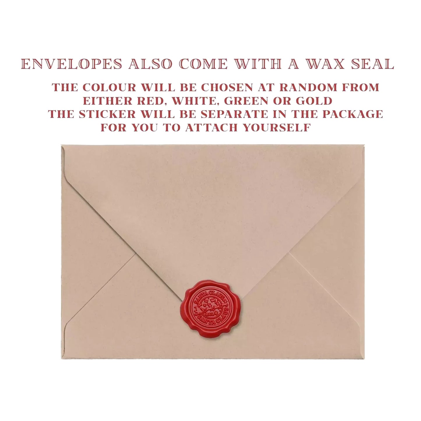 an envelope with a wax seal, and the text above the envelope provides information about the contents, including the color and the sticker.
