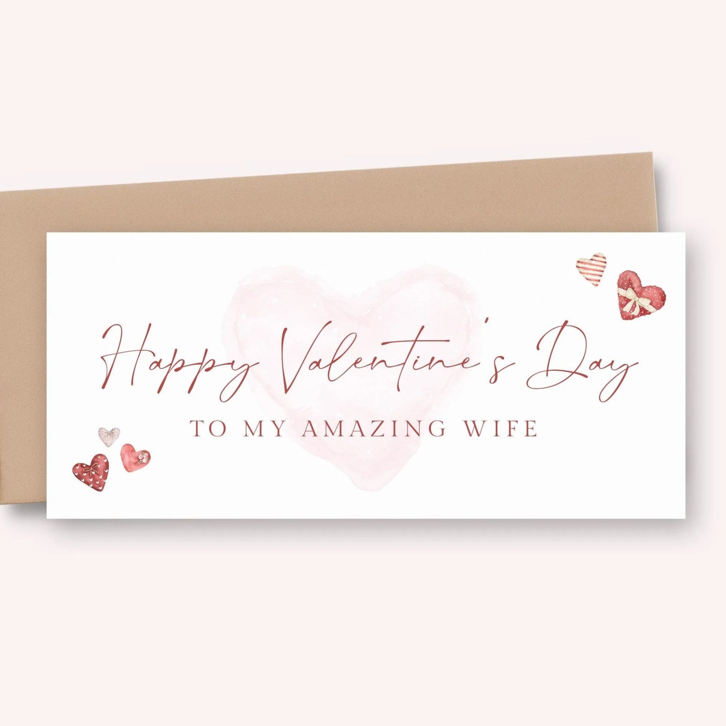 a Valentine's Day card with a pink heart and hearts as decorations. The card has a message that reads "Happy Valentine's Day to my amazing wife".