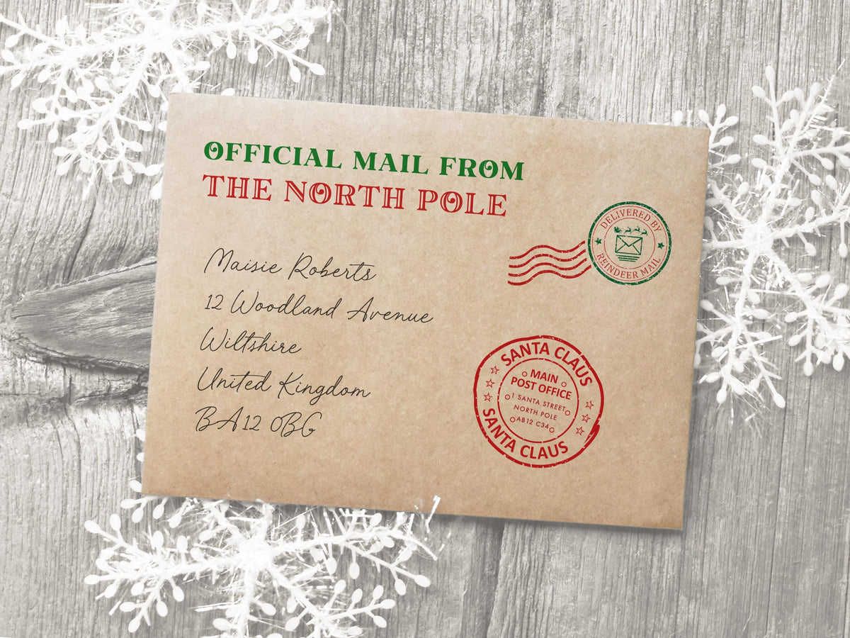 a brown envelope with a red and green stamp, addressed to "Maisy Roberts" and "Maisie Roberts" at 12 Woodland Avenue, United Kingdom. The envelope is labeled as an "Official Mail from The North Pole" and has a Santa Claus stamp.