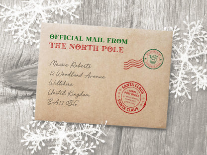 a brown envelope with a red and green stamp, addressed to "Maisy Roberts" and "Maisie Roberts" at 12 Woodland Avenue, United Kingdom. The envelope is labeled as an "Official Mail from The North Pole" and has a Santa Claus stamp.