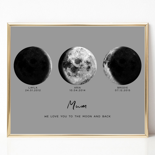 mum we love you to the moon and back moon phases print personalised unframed colour of your choice