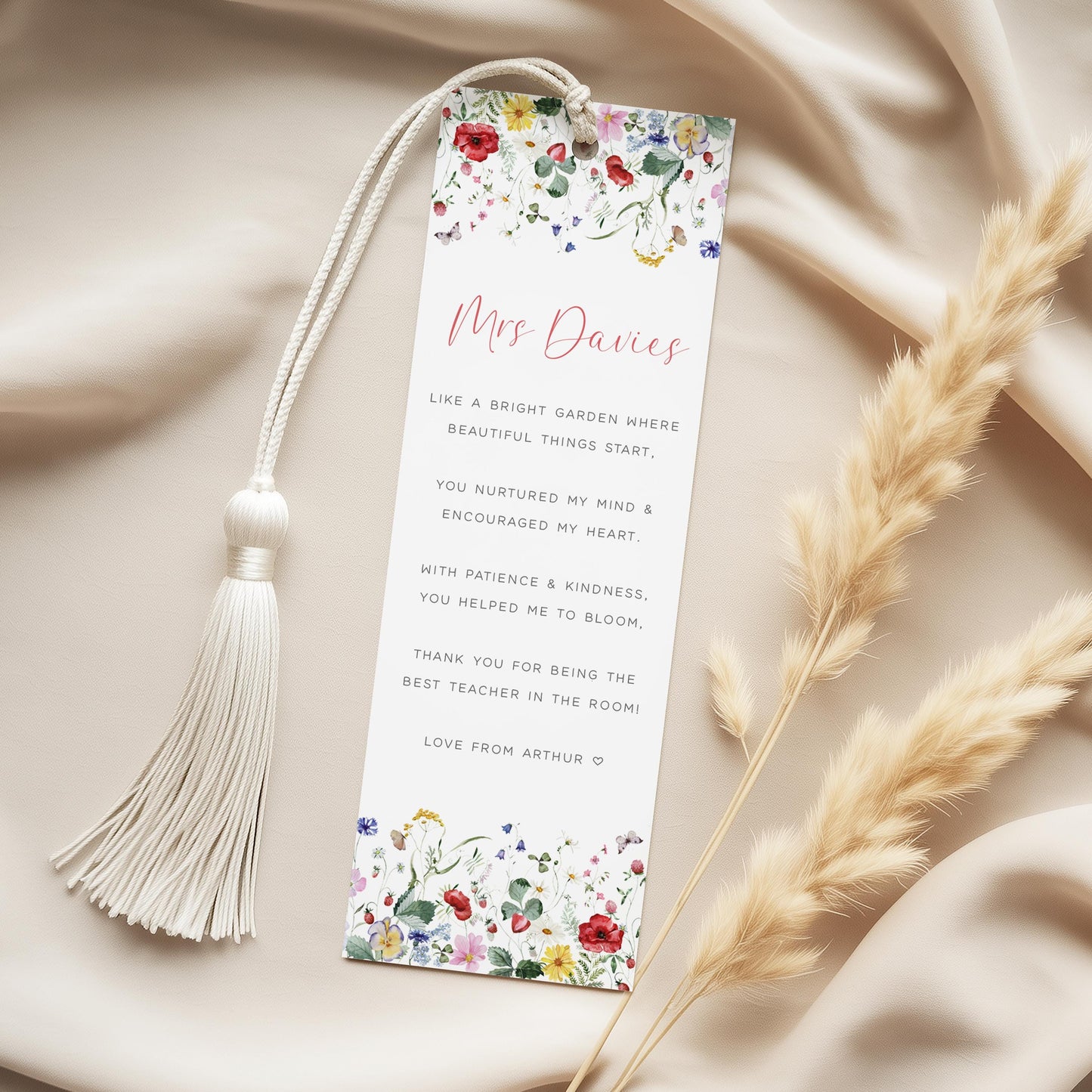 Personalised Bookmark Teacher Thank You Present, Wildflowers Design