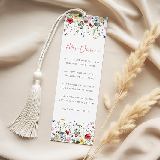 Personalised Bookmark Teacher Thank You Present, Wildflowers Design