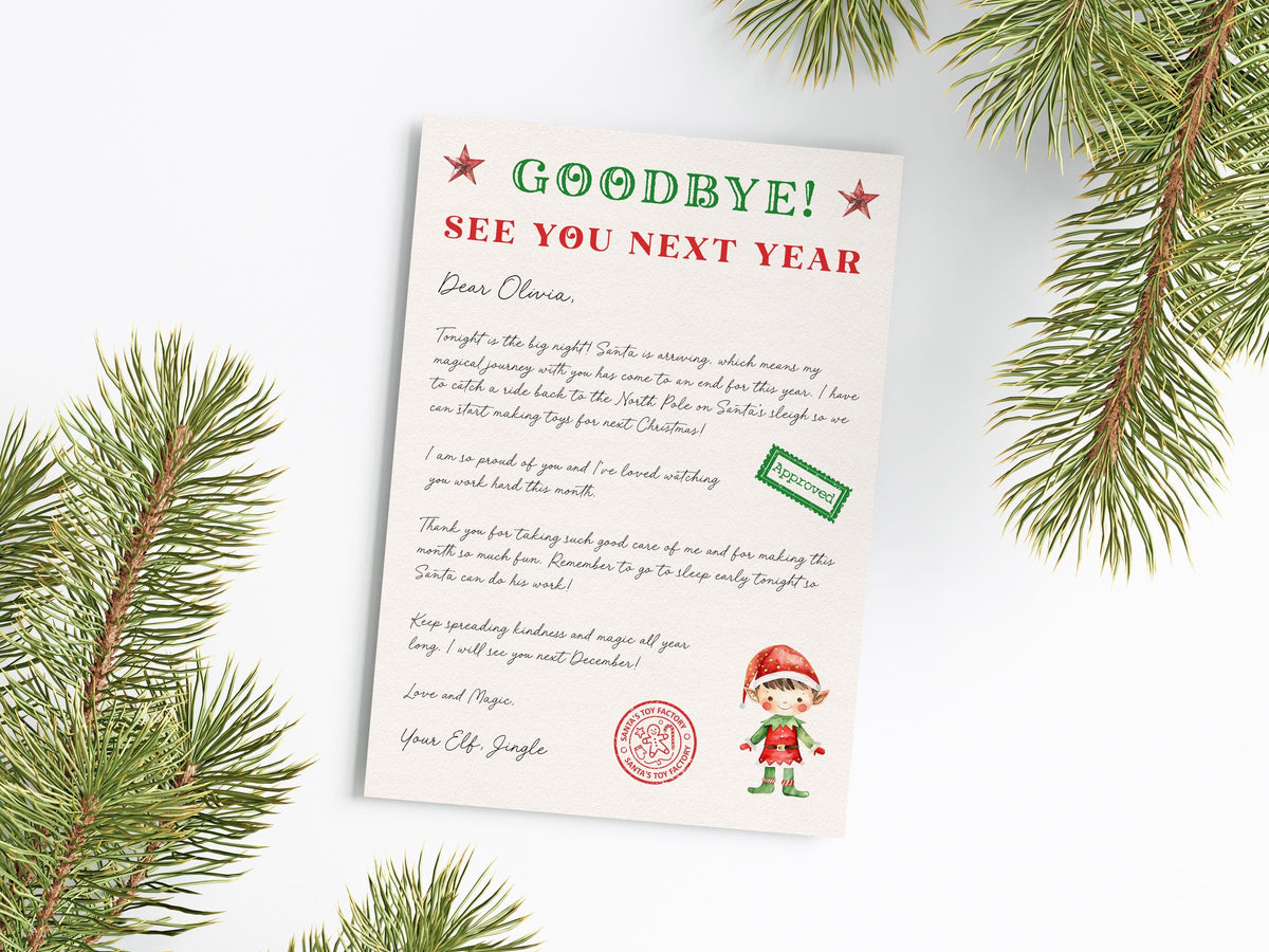 A "Goodbye!" letter from "Your Elf Jungle" to "Oliver" is displayed on a white background, surrounded by pine branches.
