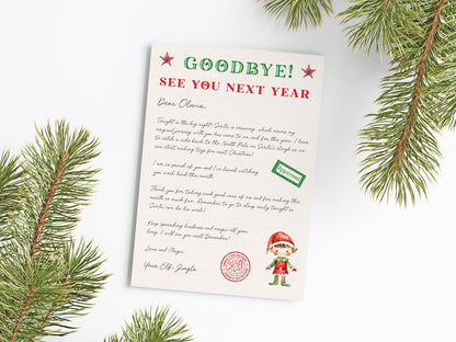 A "Goodbye!" letter from "Your Elf Jungle" to "Oliver" is displayed on a white background, surrounded by pine branches.