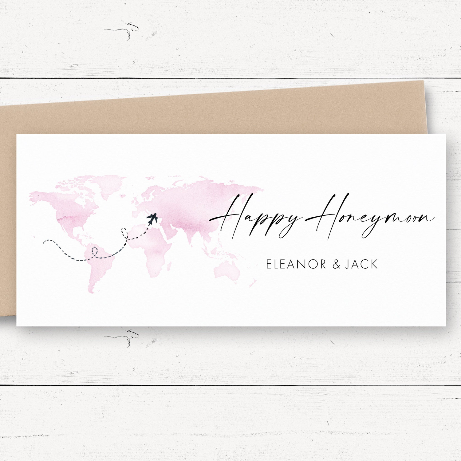 honeymoon money wallet card personalised matte white smooth cardstock kraft brown envelope