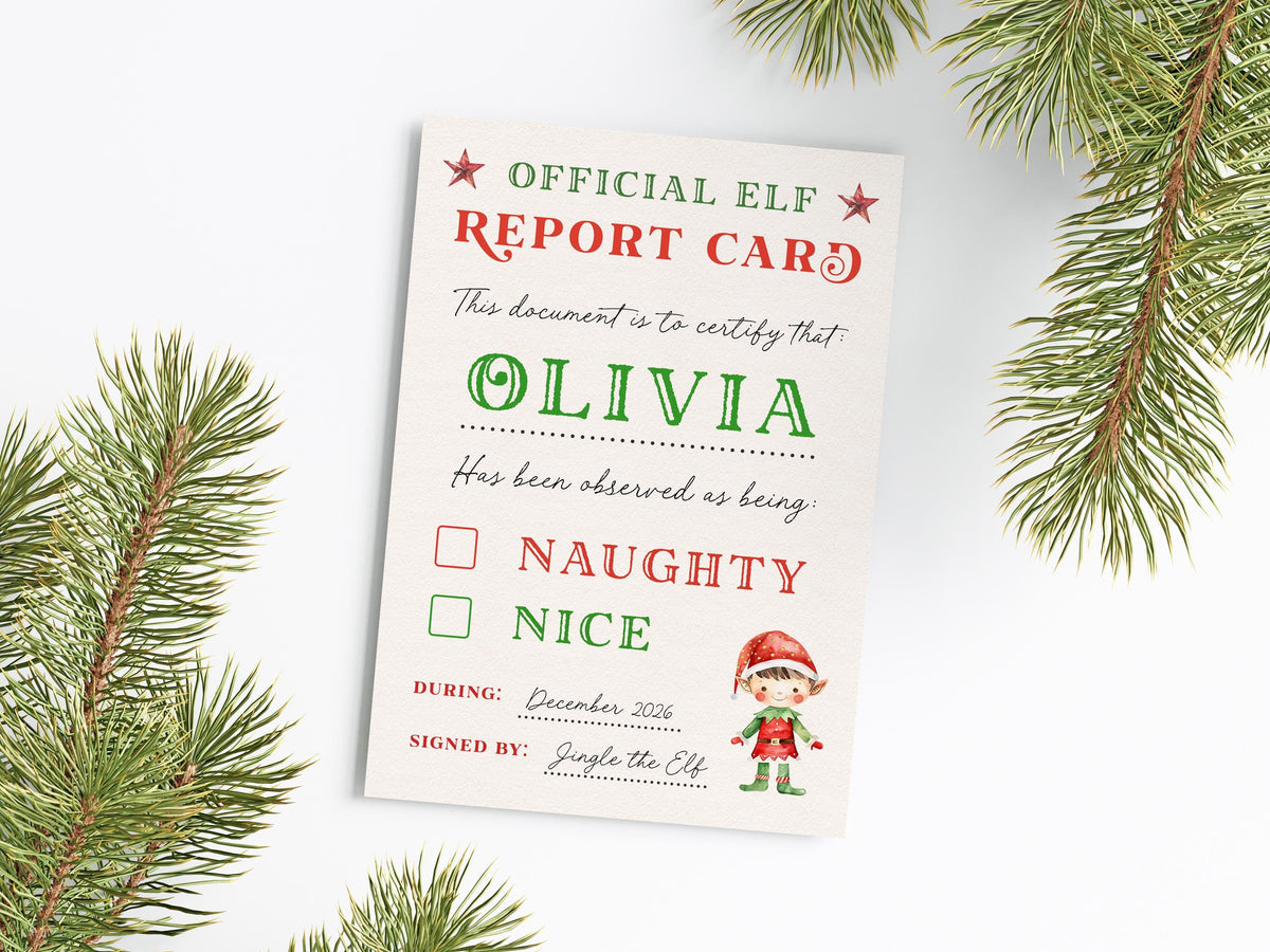 The image is a Christmas-themed report card featuring a small elf illustration and text.