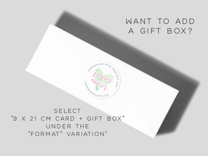 The image is an advertisement for a gift box service, featuring a white rectangular box with a label that reads "Paper Love" and "Select 9 x 21 cm Card + Gift Box Under The 'Format' Variation".