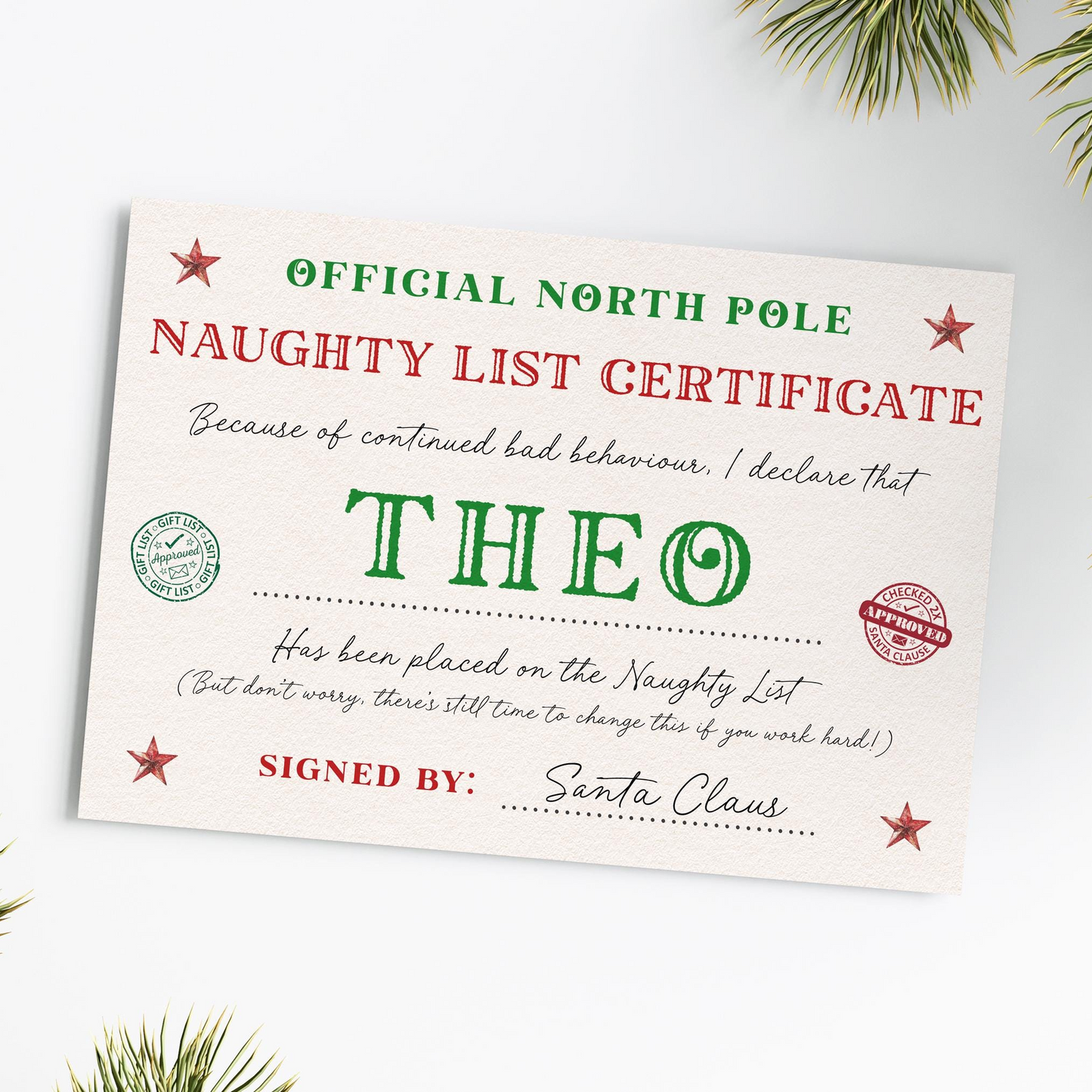 The image is a Christmas-themed certificate or card with a humorous message about Theo, the North Pole's naughty list.